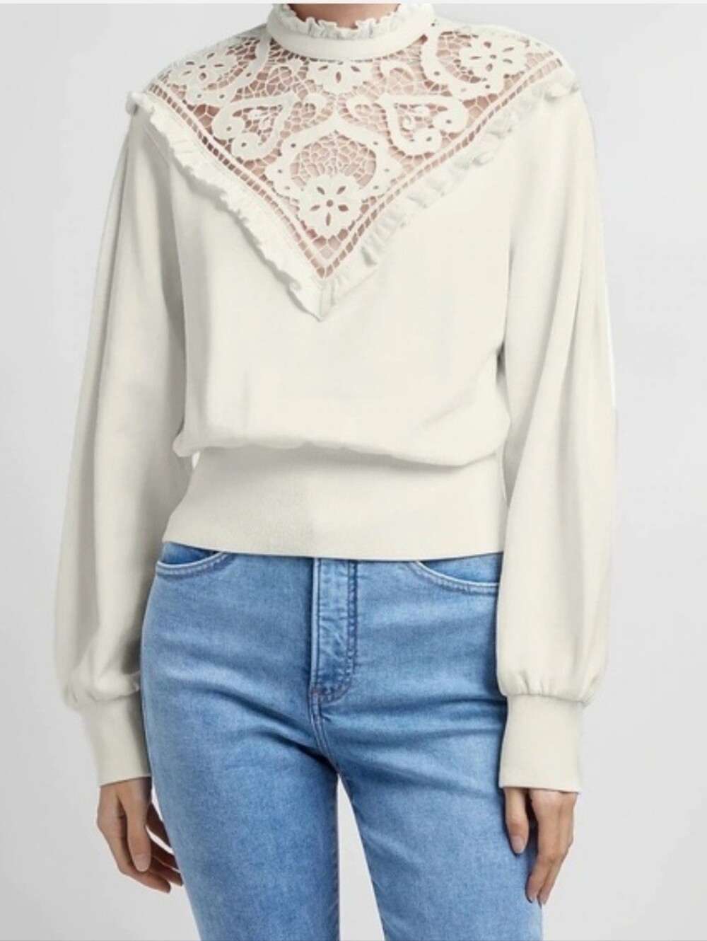 Express Lace Bib Ruffle Crop Sweatshirt Pullover Top Off White Sz XL